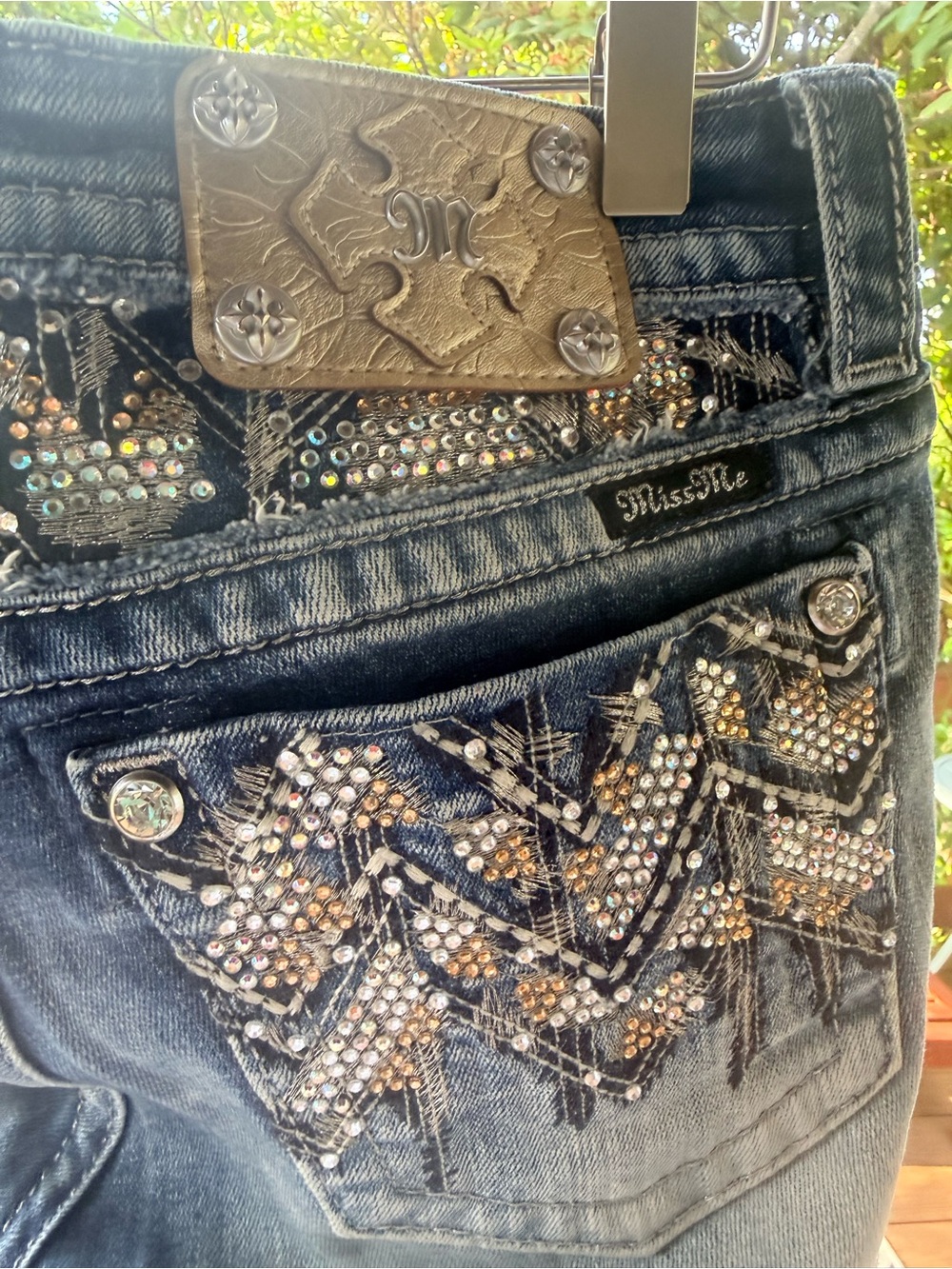 Miss Me Dark Blue Skinny Jeans with Gold & Silver Rhinestones